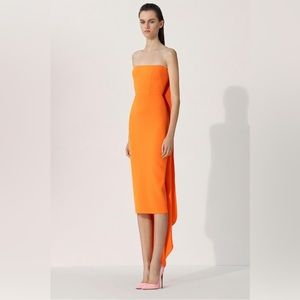 Alex Perry Hall Orange Strapless Crepe Cocktail Midi Dress Draped Gown